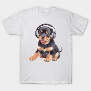 Watercolor Rottweiler Dog with Headphones T-Shirt